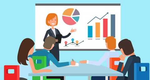 Illustration of businesswoman running a presentation to a group of people