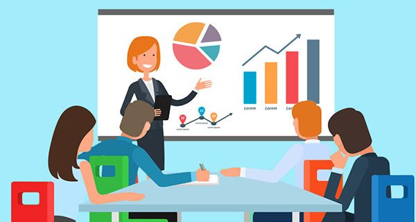 Illustration of businesswoman running a presentation to a group of people